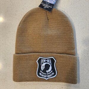 POW-MIA Patched Knit Cuffed Beanie in Caramel.